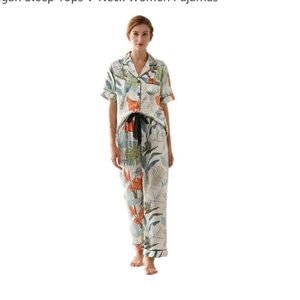 Women’s Satin Pajama Set with Short-Sleeved Button Top & Long Pants Size L NWOT